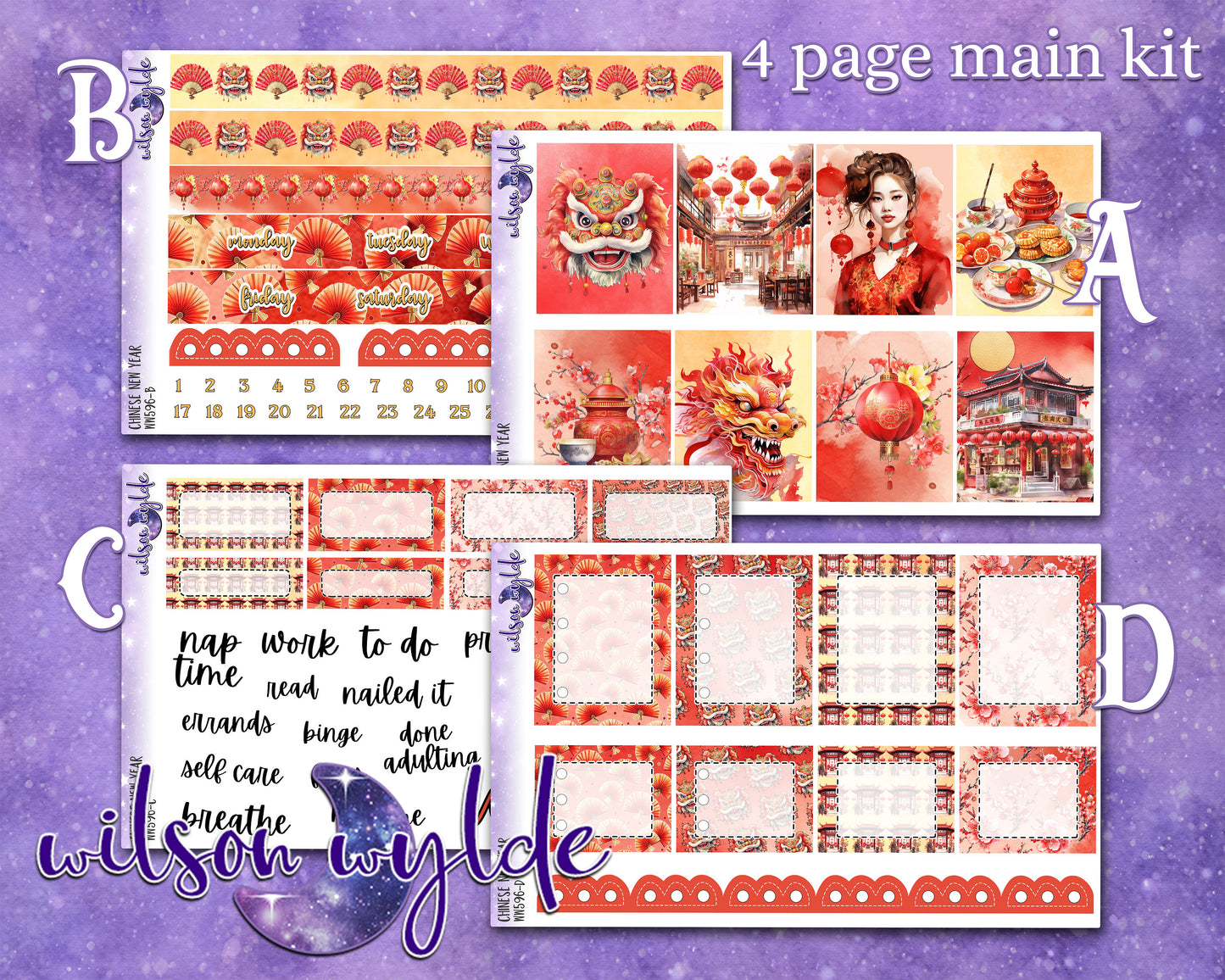 Lunar New Year full weekly sticker kit, STANDARD VERTICAL format, a la carte and bundle options. WW596