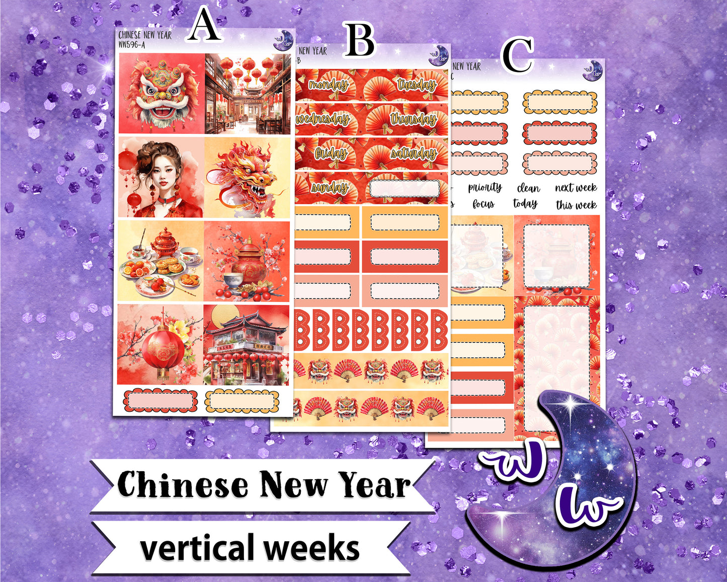 Lunar New Year weekly sticker kit, VERTICAL WEEKS format, Print Pression weeks, a la carte and bundle options. WW596