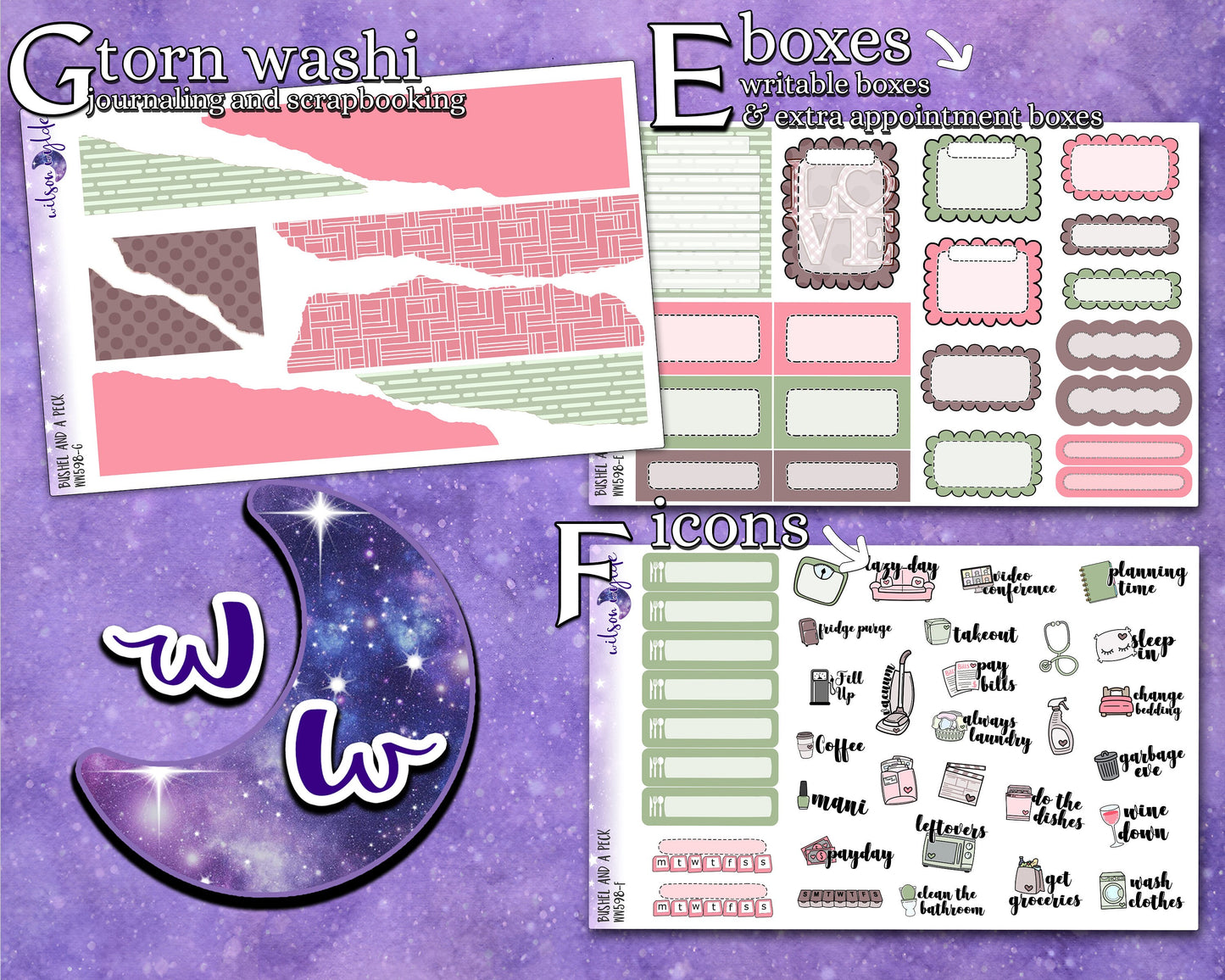 Bushel and a Peck full weekly sticker kit, HOBONICHI COUSIN format, a la carte and bundle options. WW598