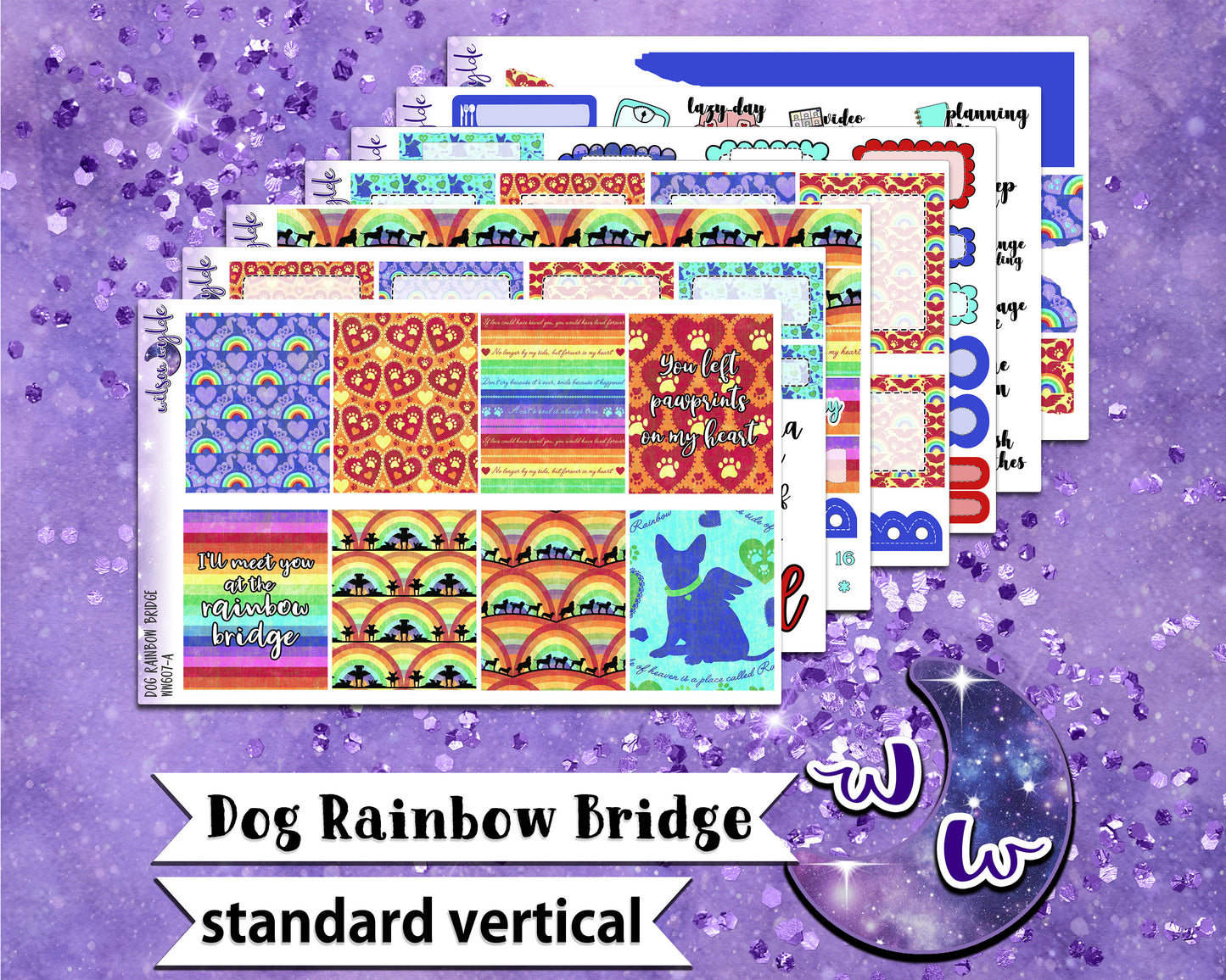 OVERSTOCK Dog Rainbow Bridge full weekly sticker kit, STANDARD VERTICAL format, WW607