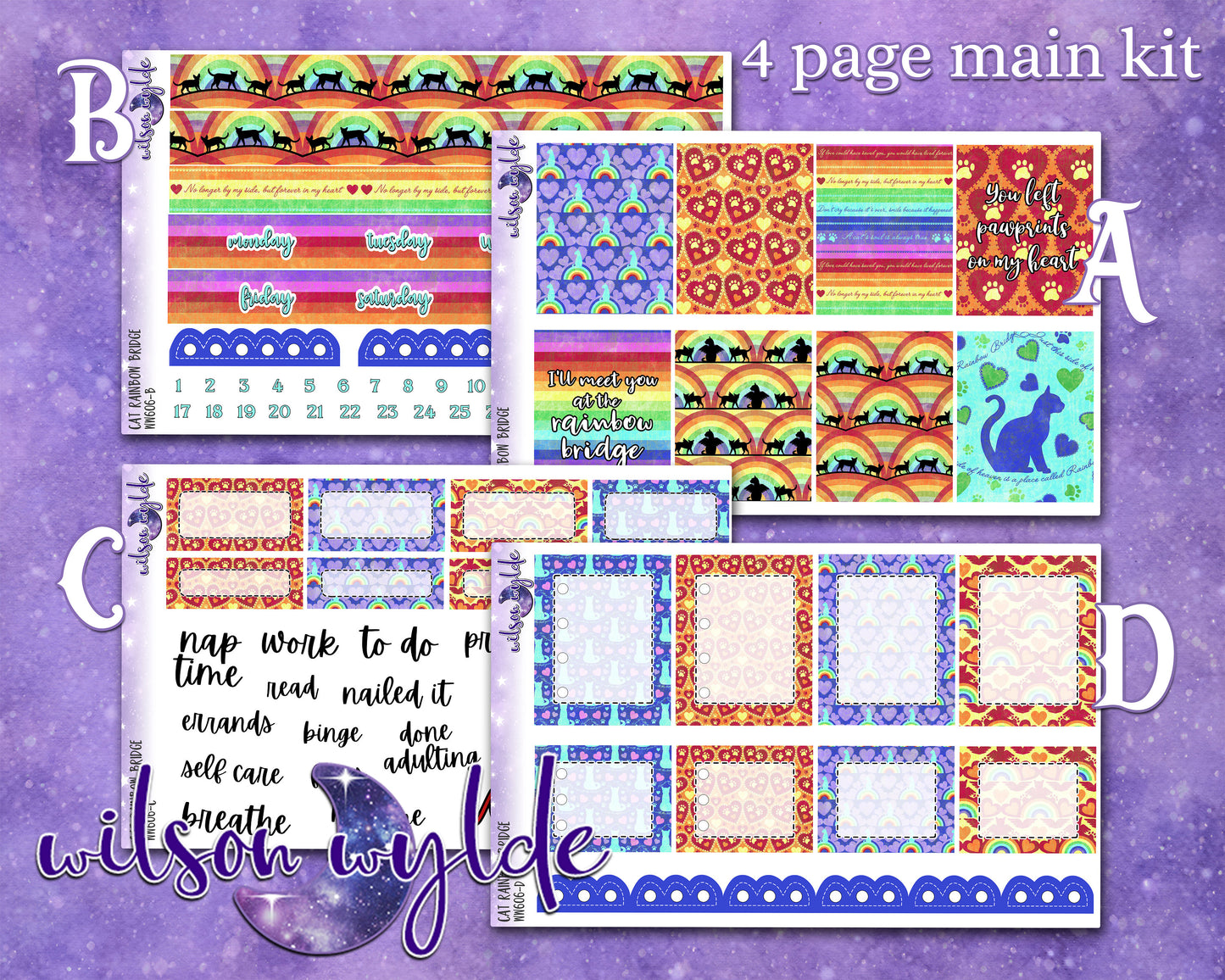 Cat Rainbow Bridge full weekly sticker kit, STANDARD VERTICAL format, a la carte and bundle options. WW606