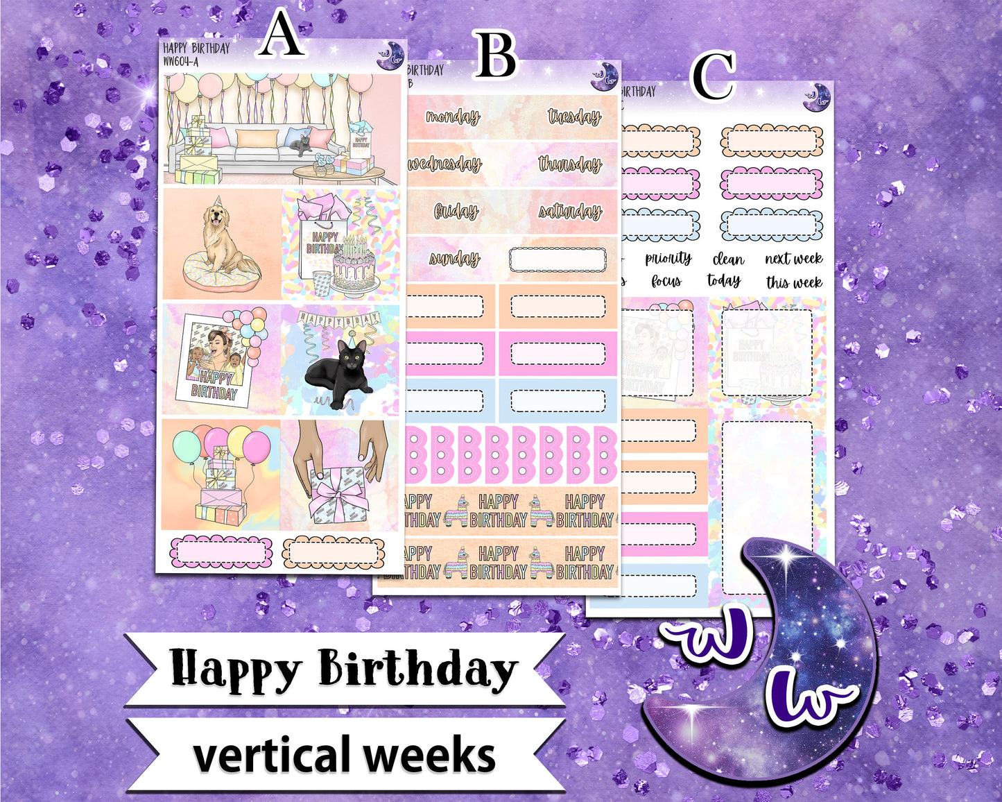 Happy Birthday weekly sticker kit, VERTICAL WEEKS format, Print Pression weeks, a la carte and bundle options. WW604