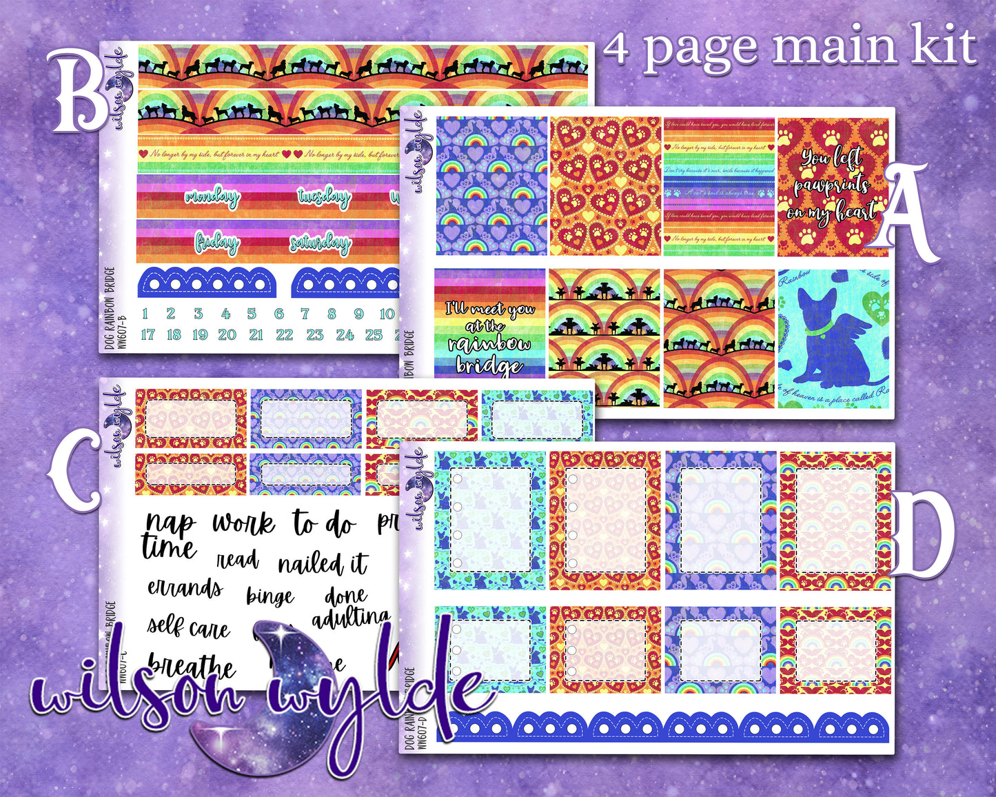 Dog Rainbow Bridge full weekly sticker kit, HOBONICHI COUSIN format, a la carte and bundle options. WW607