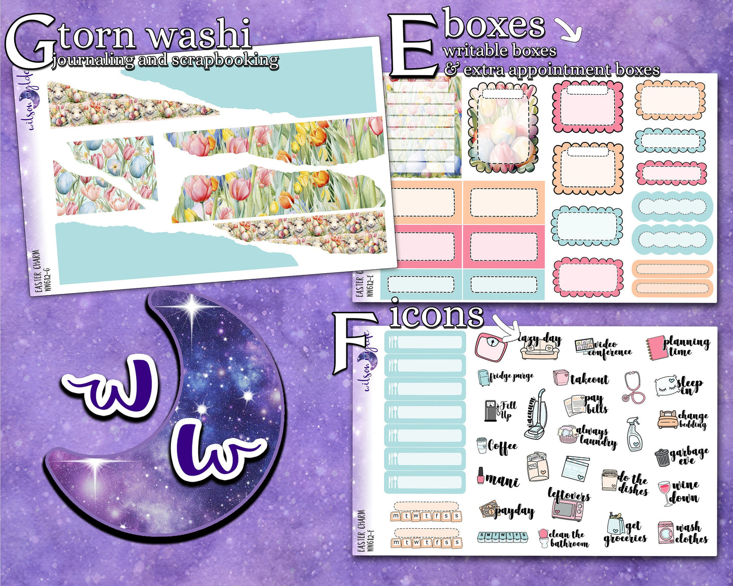 Easter Charm full weekly sticker kit, HOBONICHI COUSIN format, a la carte and bundle options. WW612